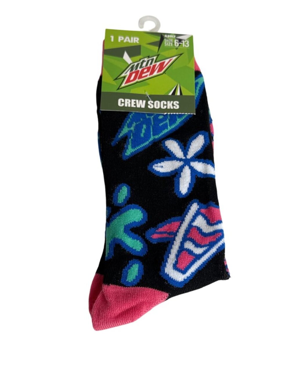 Mountain Dew Crew Socks Graphic Neon Flower Fun Novelty Men’s 6-13